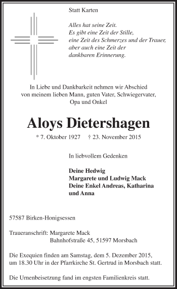 Anzeige von Aloys Dietershagen von  Lokalanzeiger 