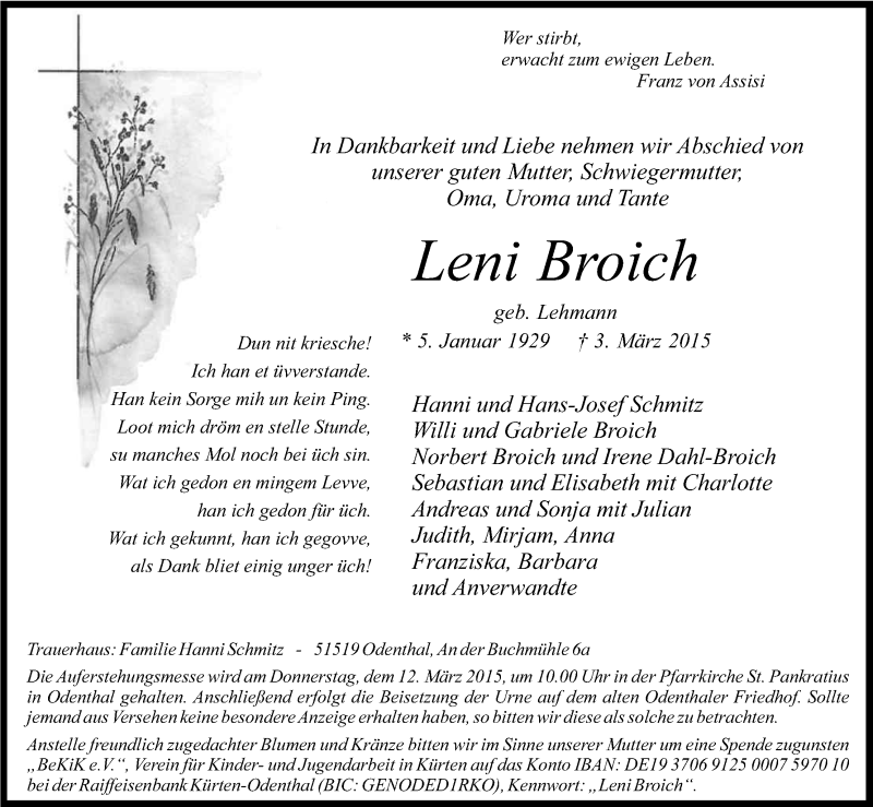  Traueranzeige für Leni Broich vom 07.03.2015 aus Kölner Stadt-Anzeiger / Kölnische Rundschau / Express
