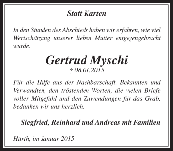 Anzeige von Gertrud Myschi von  Wochenende 