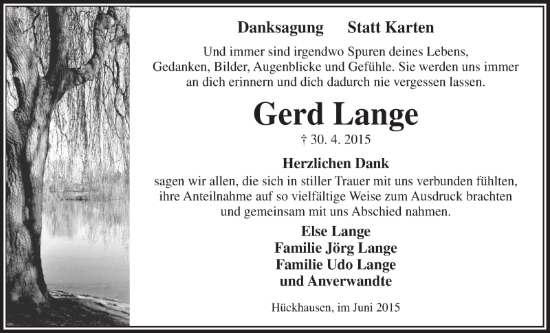  Traueranzeige für Gerd Lange vom 24.06.2015 aus  Anzeigen Echo 