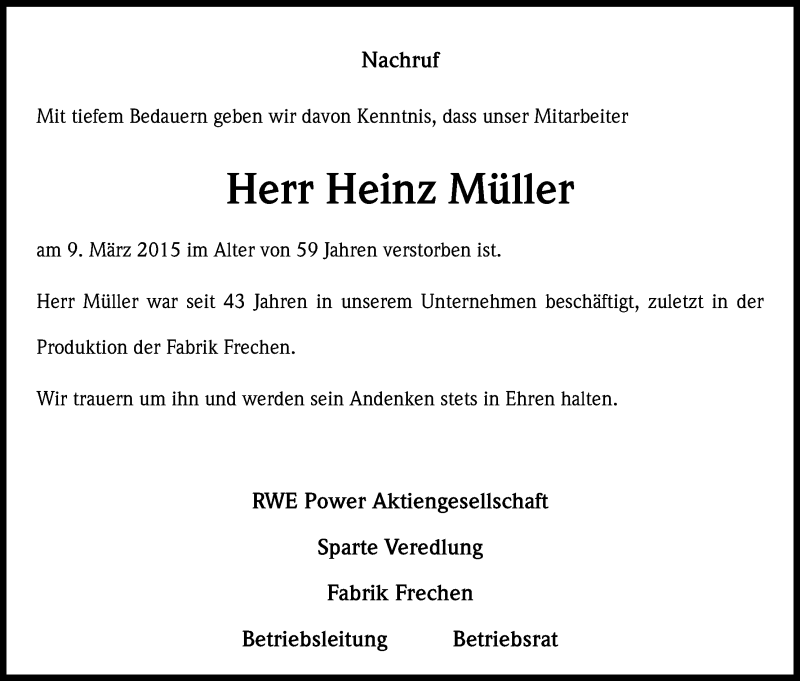  Traueranzeige für Heinz Müller vom 20.03.2015 aus Kölner Stadt-Anzeiger / Kölnische Rundschau / Express