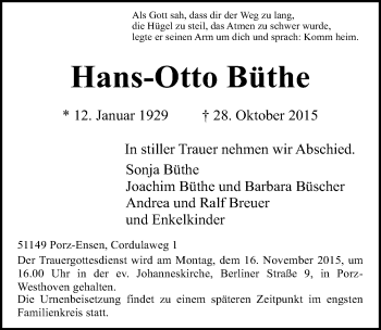 Anzeige von Hans-Otto Büthe von  Kölner Wochenspiegel 