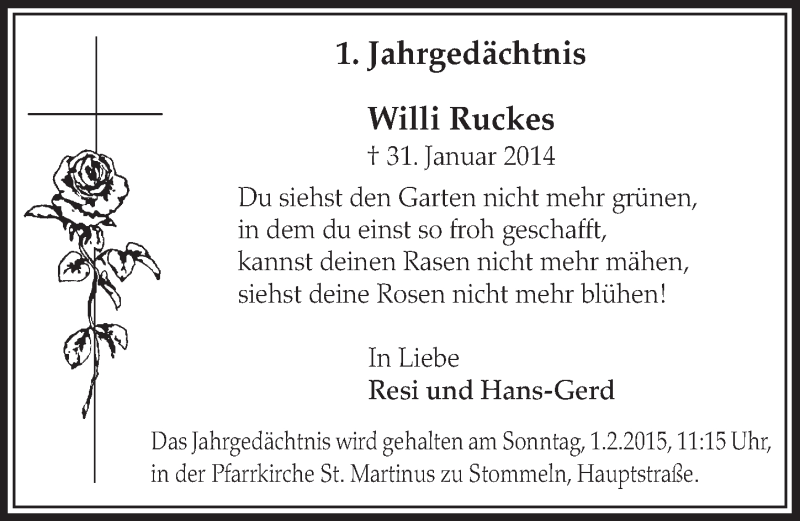  Traueranzeige für Willi Ruckes vom 24.01.2015 aus  Sonntags-Post 