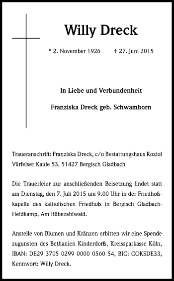 Anzeige von Willy Dreck von Kölner Stadt-Anzeiger / Kölnische Rundschau / Express