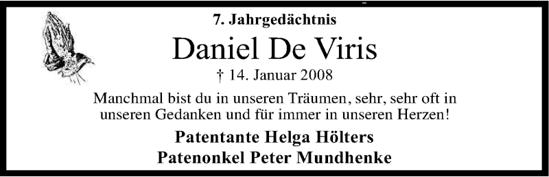  Traueranzeige für Daniel De Viris vom 17.01.2015 aus Kölner Stadt-Anzeiger / Kölnische Rundschau / Express