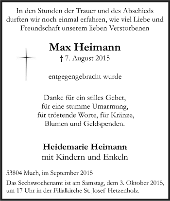 Anzeige von Max Heimann von Kölner Stadt-Anzeiger / Kölnische Rundschau / Express