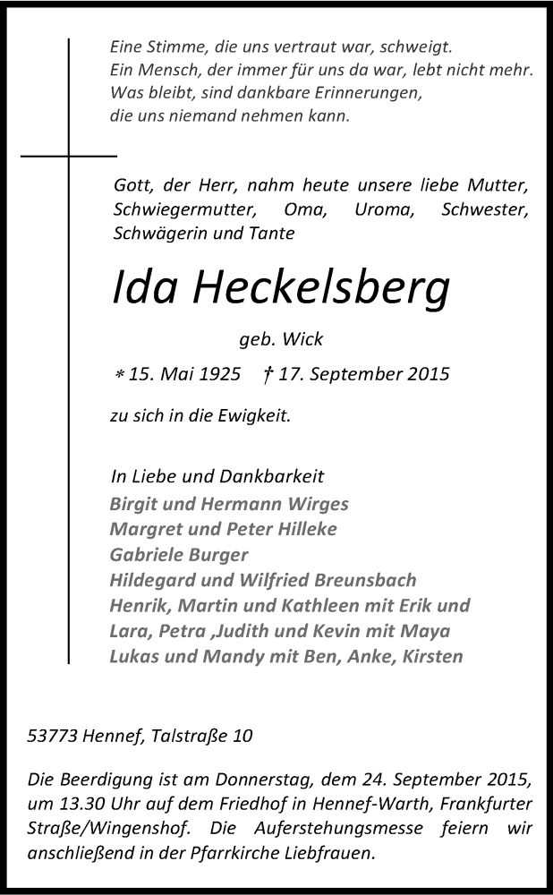  Traueranzeige für Ida Heckeisberg vom 19.09.2015 aus Kölner Stadt-Anzeiger / Kölnische Rundschau / Express