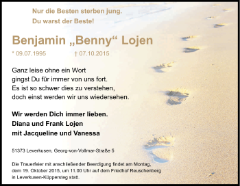 Anzeige von Benjamin Lojen von Kölner Stadt-Anzeiger / Kölnische Rundschau / Express