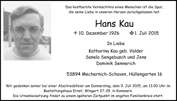 Anzeige von Hans Kau von  Blickpunkt Euskirchen 