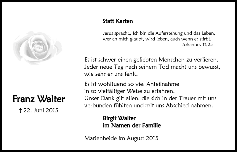  Traueranzeige für Franz Walter vom 05.08.2015 aus  Anzeigen Echo 