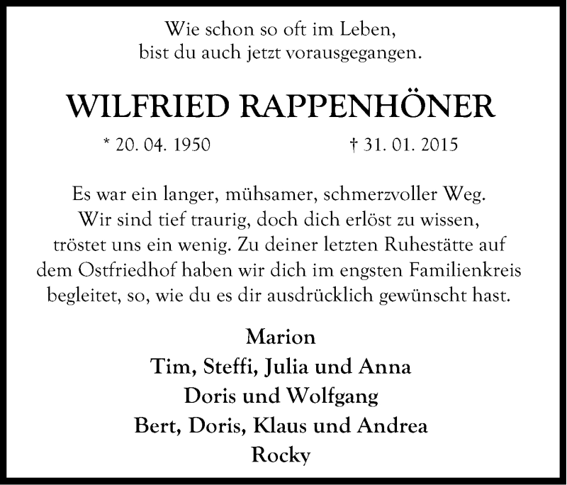  Traueranzeige für Wilfried Rappenhöhner vom 14.02.2015 aus Kölner Stadt-Anzeiger / Kölnische Rundschau / Express