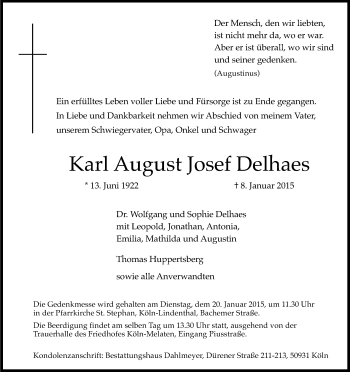 Anzeige von Karl August Josef Delhaes von Kölner Stadt-Anzeiger / Kölnische Rundschau / Express