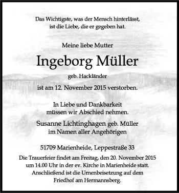 Anzeige von Ingeborg Müller von Köln - Wir Trauern