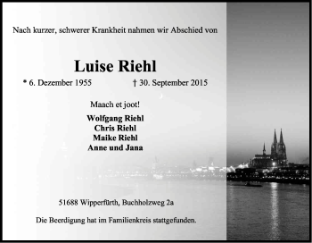 Anzeige von Luise Riehl von Kölner Stadt-Anzeiger / Kölnische Rundschau / Express