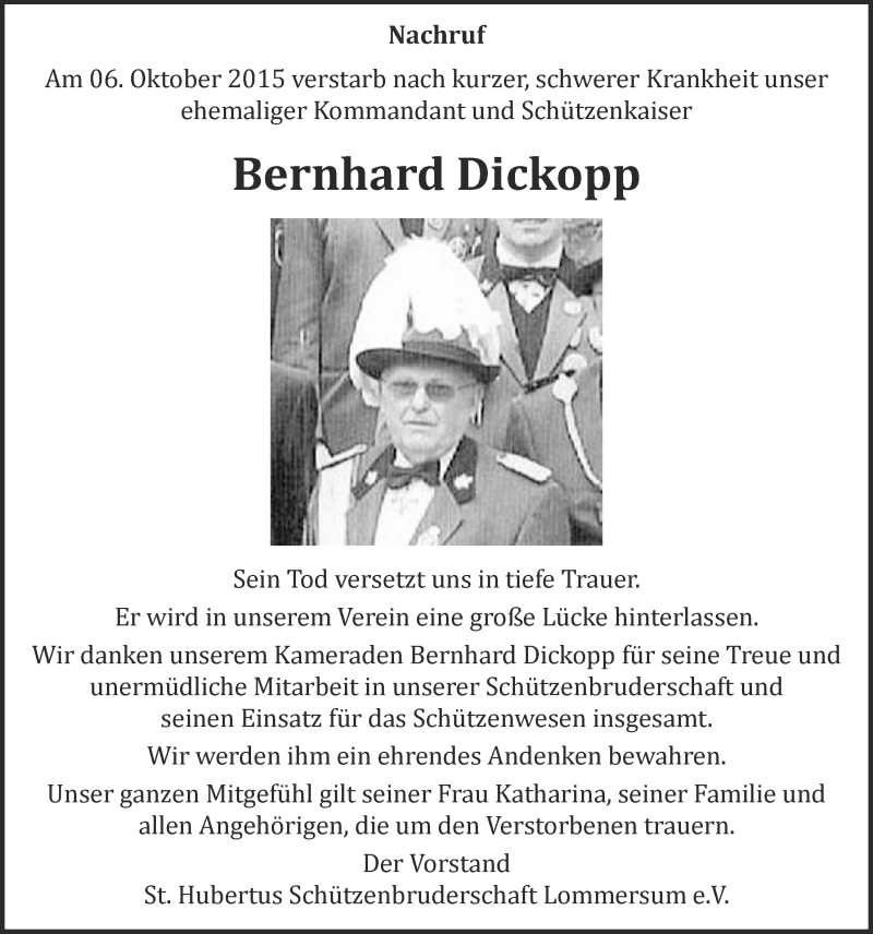  Traueranzeige für Bernhard Dickopp vom 11.10.2015 aus  Blickpunkt Euskirchen 