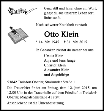 Anzeige von Otto Klein von Kölner Stadt-Anzeiger / Kölnische Rundschau / Express
