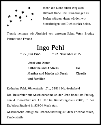 Anzeige von Ingo Pehl von Kölner Stadt-Anzeiger / Kölnische Rundschau / Express