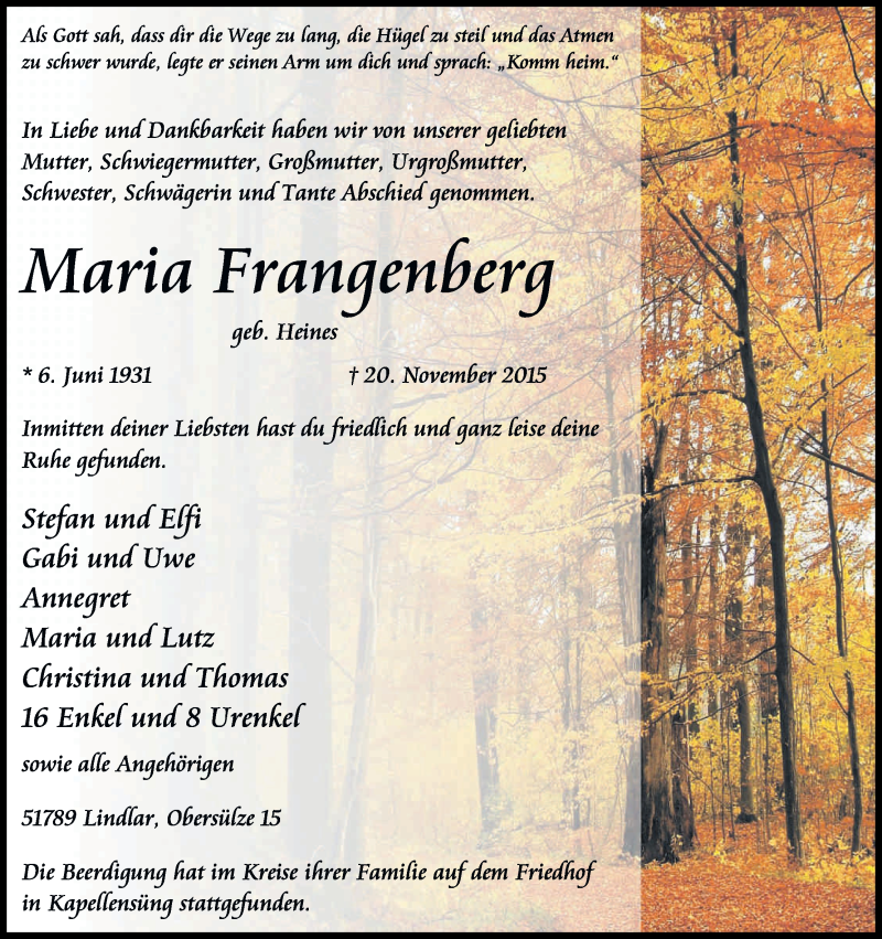  Traueranzeige für Maria Frangenberg vom 28.11.2015 aus Kölner Stadt-Anzeiger / Kölnische Rundschau / Express