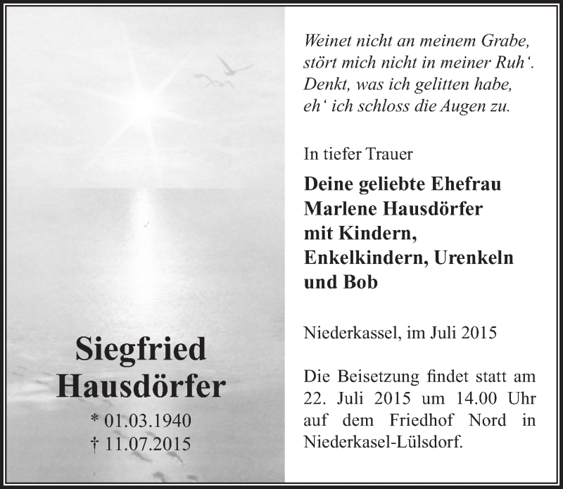  Traueranzeige für Siegfried Hausdörfer vom 18.07.2015 aus  Rhein-Sieg-Wochenende 