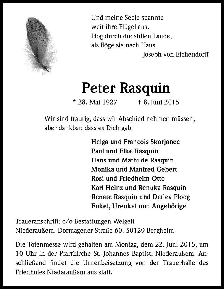  Traueranzeige für Peter Rasquin vom 16.06.2015 aus Kölner Stadt-Anzeiger / Kölnische Rundschau / Express