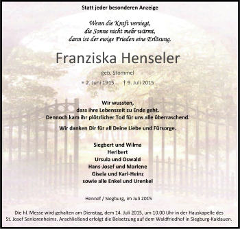 Anzeige von Franziska Henseler von Kölner Stadt-Anzeiger / Kölnische Rundschau / Express