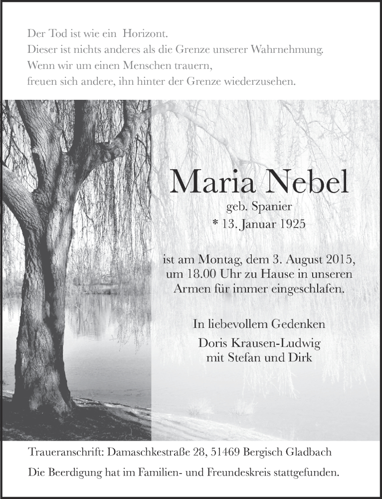  Traueranzeige für Maria Nebel vom 12.08.2015 aus  Bergisches Handelsblatt 
