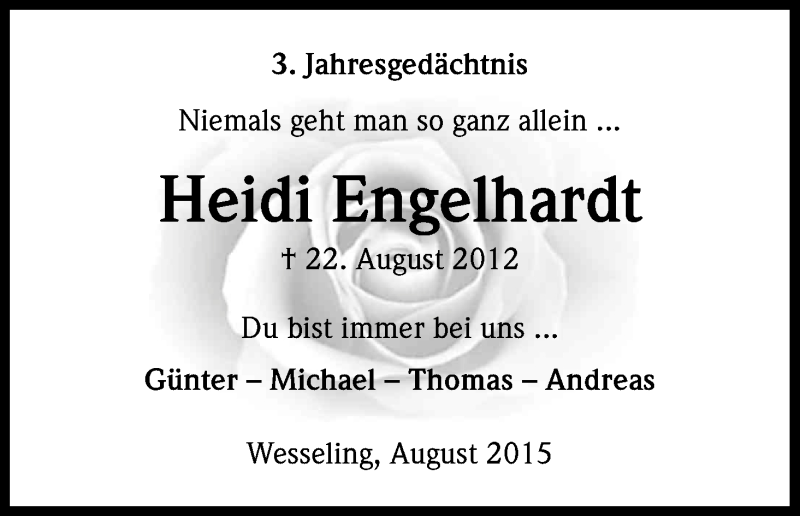  Traueranzeige für Heidi Engelhardt vom 21.08.2015 aus Kölner Stadt-Anzeiger / Kölnische Rundschau / Express