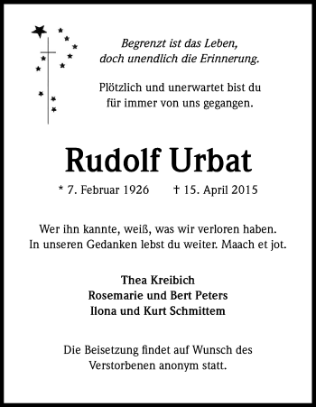 Anzeige von Rudolf Urbat von Kölner Stadt-Anzeiger / Kölnische Rundschau / Express