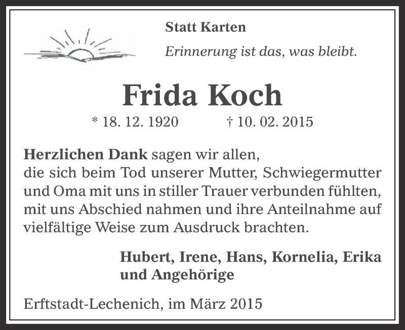 Traueranzeige für Frida Koch vom 11.03.2015 aus  Werbepost 