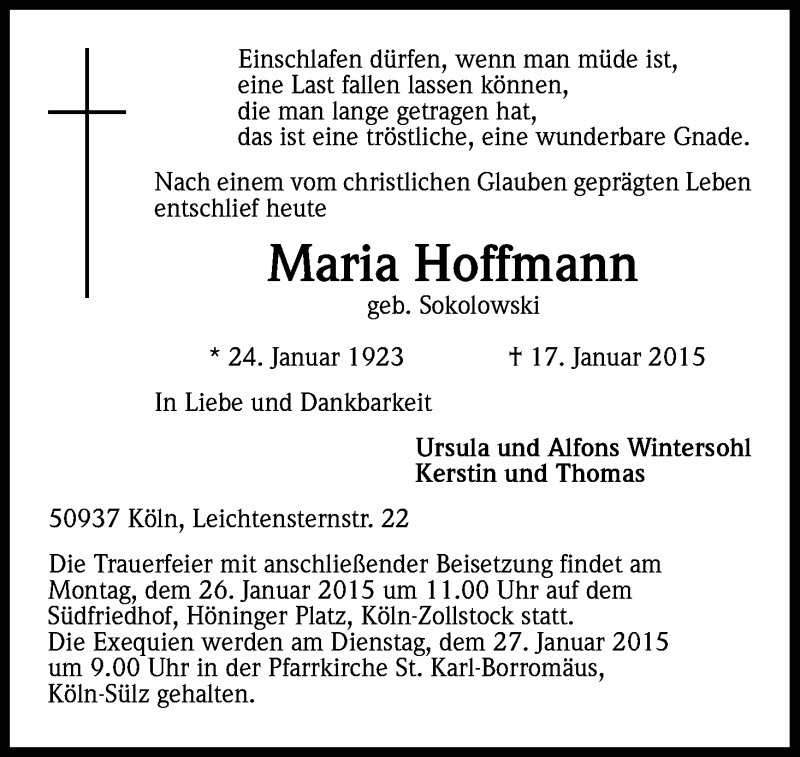  Traueranzeige für Maria Hoffmann vom 24.01.2015 aus Kölner Stadt-Anzeiger / Kölnische Rundschau / Express