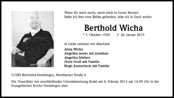 Anzeige von Berthold Wicha von Kölner Stadt-Anzeiger / Kölnische Rundschau / Express