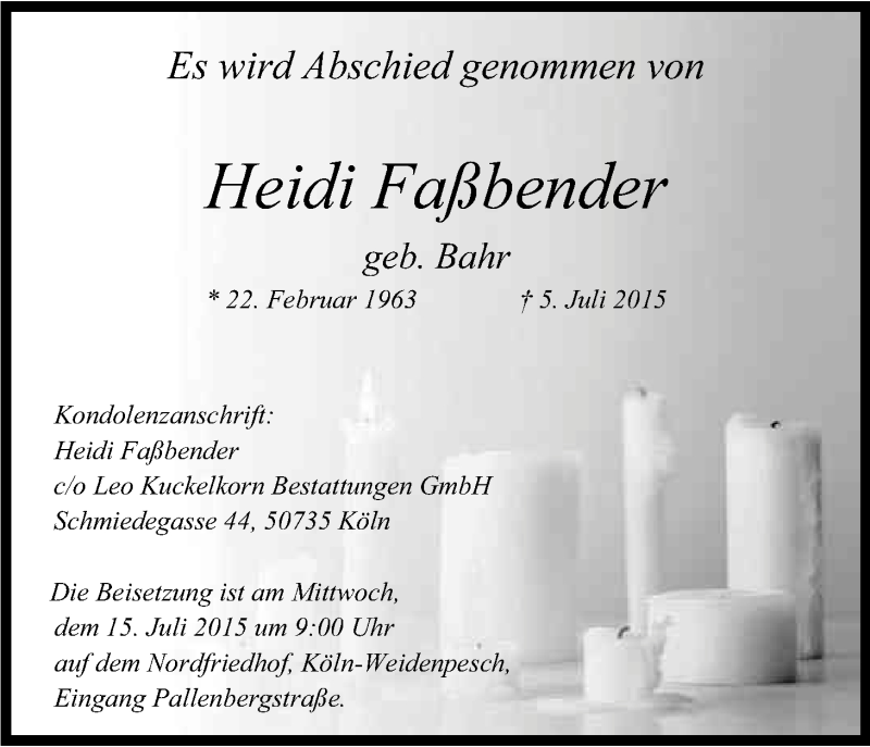  Traueranzeige für Heidi Faßbender vom 11.07.2015 aus Kölner Stadt-Anzeiger / Kölnische Rundschau / Express