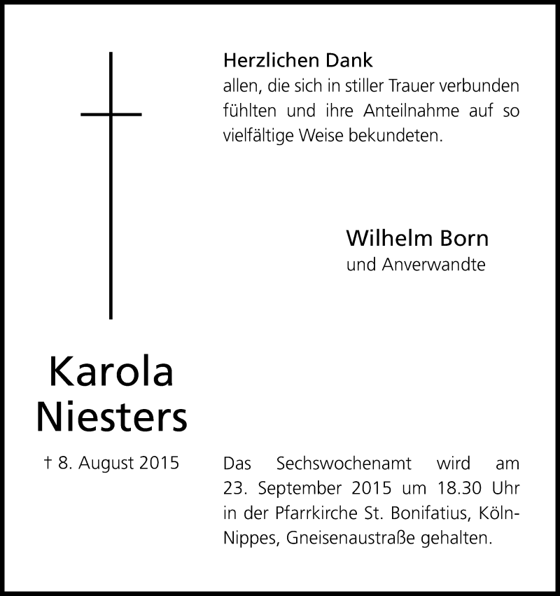  Traueranzeige für Karola Niesters vom 16.09.2015 aus Kölner Stadt-Anzeiger / Kölnische Rundschau / Express