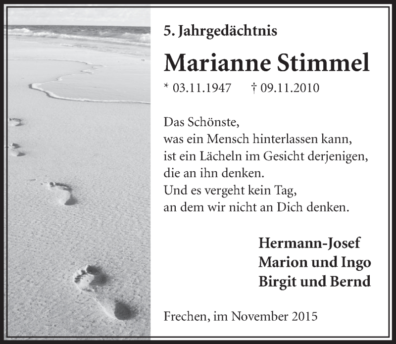 Traueranzeige für Marianne Stimmel vom 07.11.2015 aus  Sonntags-Post 