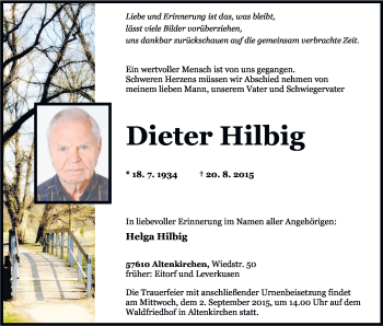 Anzeige von Dieter Hilbig von Kölner Stadt-Anzeiger / Kölnische Rundschau / Express