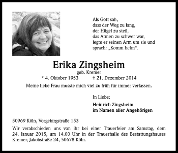 Anzeige von Erika Zingsheim von Kölner Stadt-Anzeiger / Kölnische Rundschau / Express
