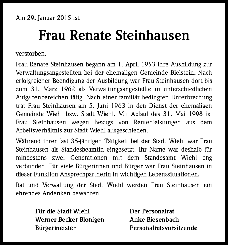  Traueranzeige für Renate Steinhausen vom 05.02.2015 aus Kölner Stadt-Anzeiger / Kölnische Rundschau / Express