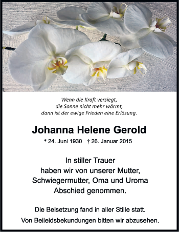Anzeige von Johanna Helene Gerold von Kölner Stadt-Anzeiger / Kölnische Rundschau / Express