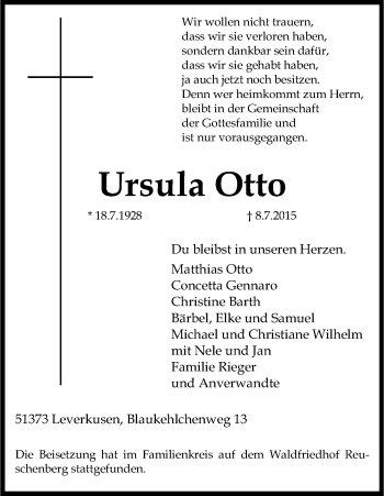 Anzeige von Ursula Otto von Kölner Stadt-Anzeiger / Kölnische Rundschau / Express