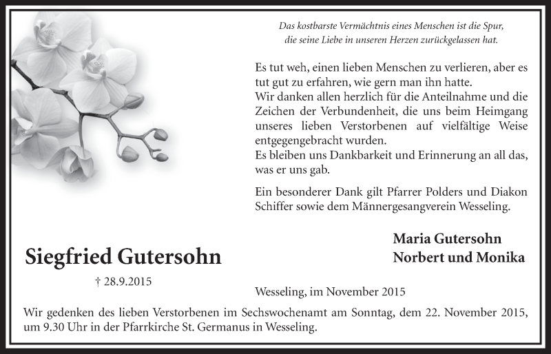  Traueranzeige für Siegfried Gutersohn vom 11.11.2015 aus  Schlossbote/Werbekurier 