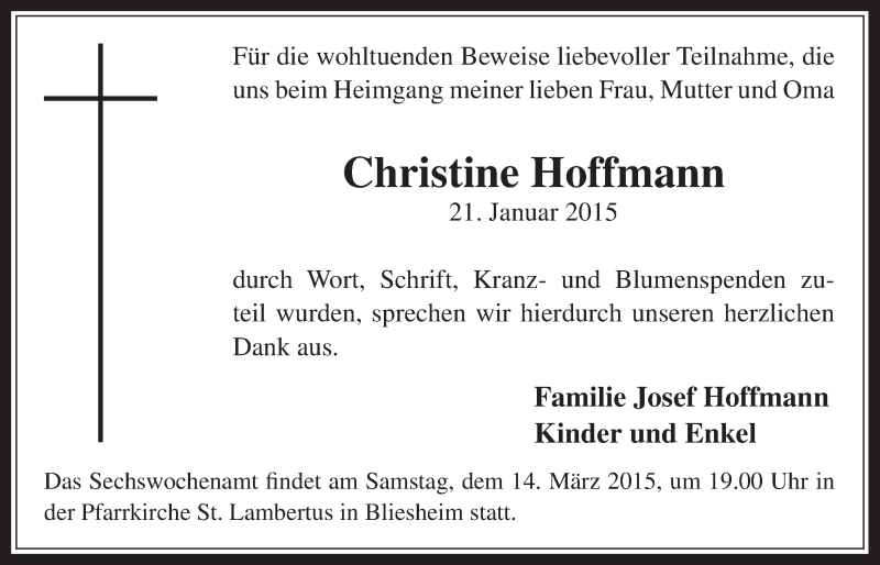  Traueranzeige für Christine Hoffmann vom 11.03.2015 aus  Werbepost 