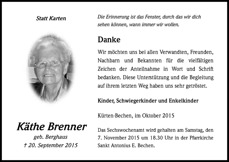  Traueranzeige für Käthe Brenner vom 30.10.2015 aus Kölner Stadt-Anzeiger / Kölnische Rundschau / Express