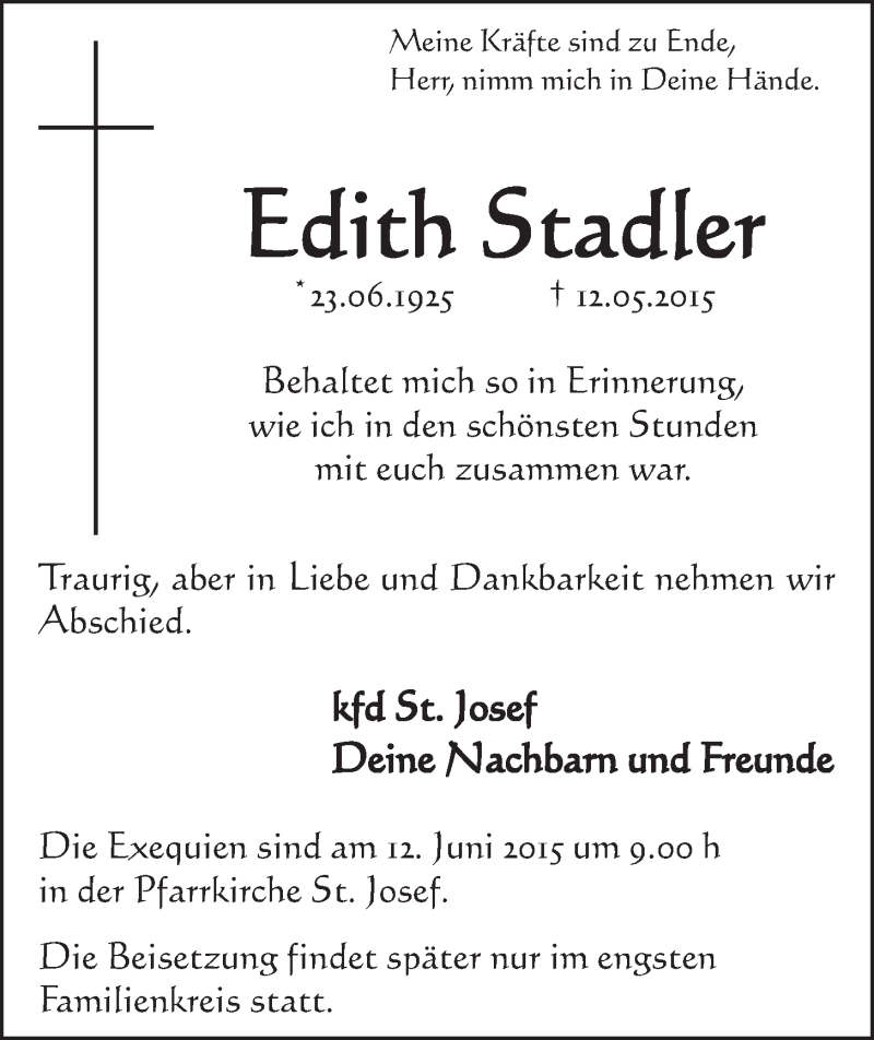  Traueranzeige für Edith Stadler vom 10.06.2015 aus  Schlossbote/Werbekurier 