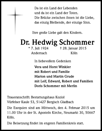 Anzeige von Hedwig Schommer von Kölner Stadt-Anzeiger / Kölnische Rundschau / Express