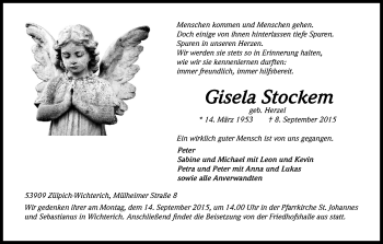Anzeige von Gisela Stockem von Kölner Stadt-Anzeiger / Kölnische Rundschau / Express