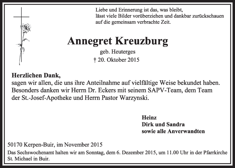  Traueranzeige für Annegret Kreuzburg vom 28.11.2015 aus  Sonntags-Post 