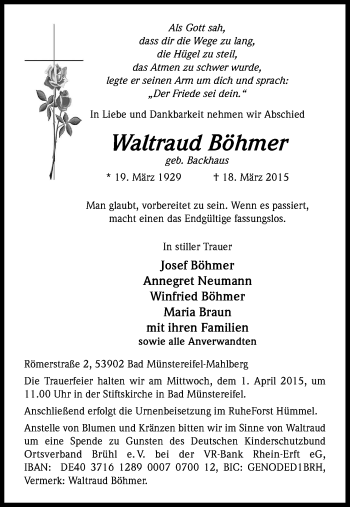Anzeige von Waltraud Böhmer von Kölner Stadt-Anzeiger / Kölnische Rundschau / Express