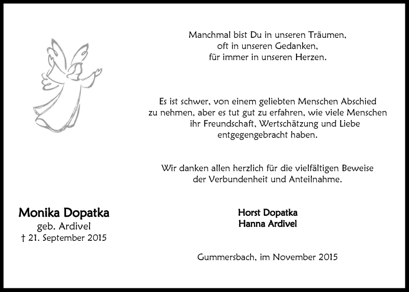  Traueranzeige für Monika Dopatka vom 25.11.2015 aus  Anzeigen Echo 