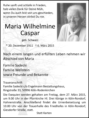 Anzeige von Maria Wilhelmine Caspar von  Kölner Wochenspiegel 
