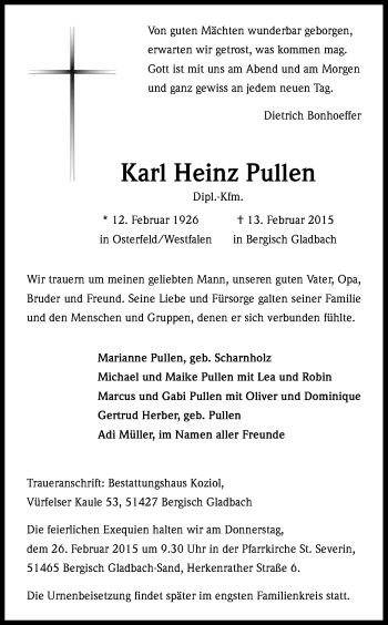 Anzeige von Karl Heinz Pullen von Kölner Stadt-Anzeiger / Kölnische Rundschau / Express